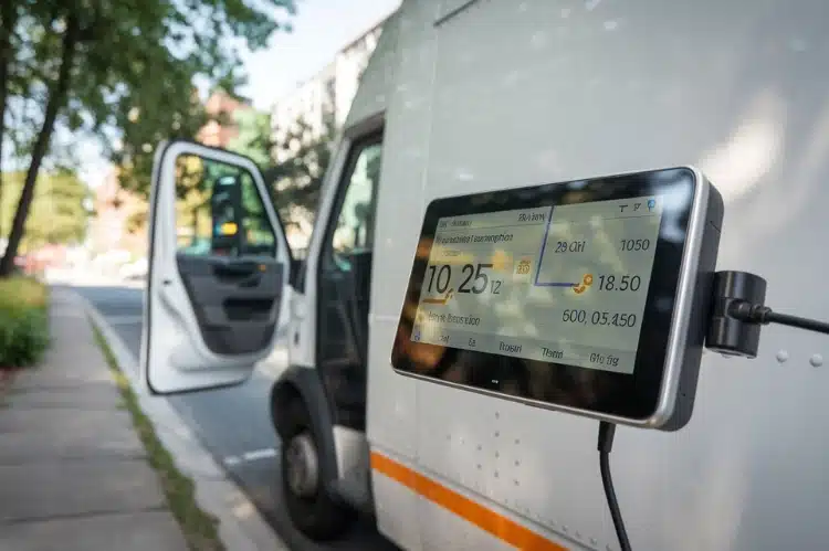 A close-up of a telematics device mounted in a delivery vehicle